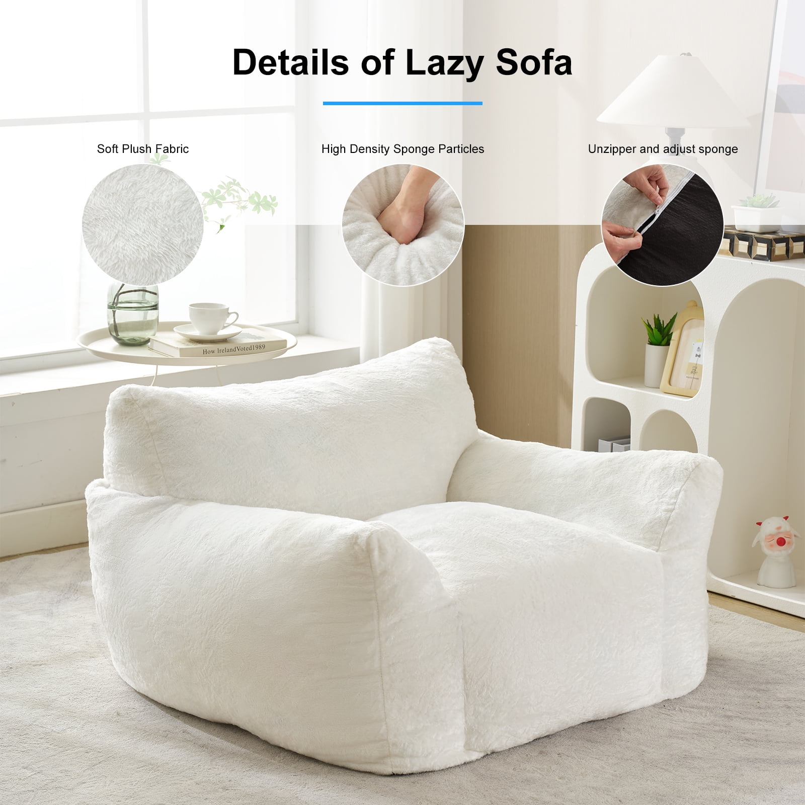 Puremind Bean Bag Chair for Kids and Adults, Oversized Bean Bag Couch with Ottoman, Faux Fur Lazy Sofa Chair for Living Room/Apartment/Bedroom, Beige