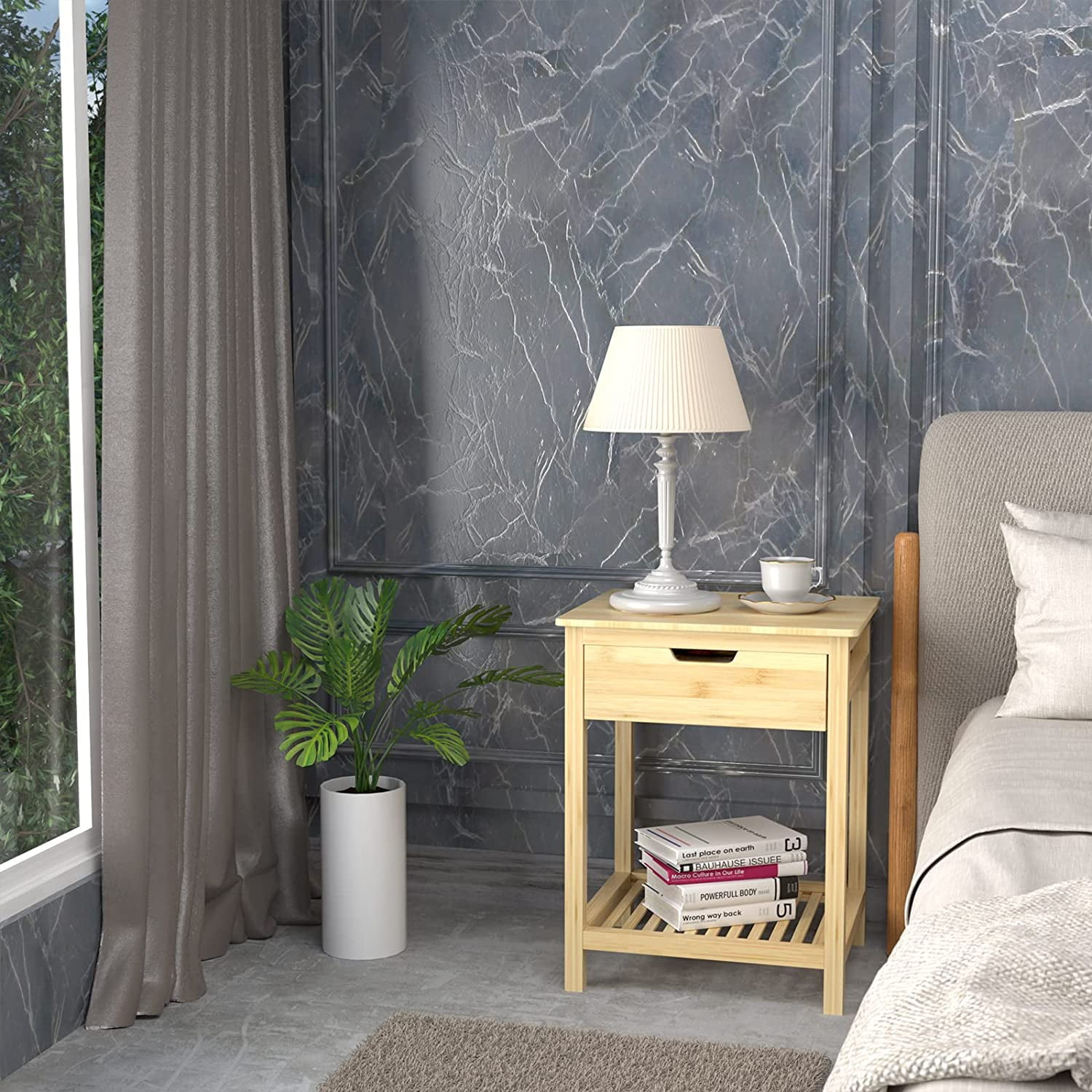 Kadyn Bamboo Side Table, End Table with Storage Shelves, Tall Nightstand Bedside Table for Living Room Bedroom Office, Nature