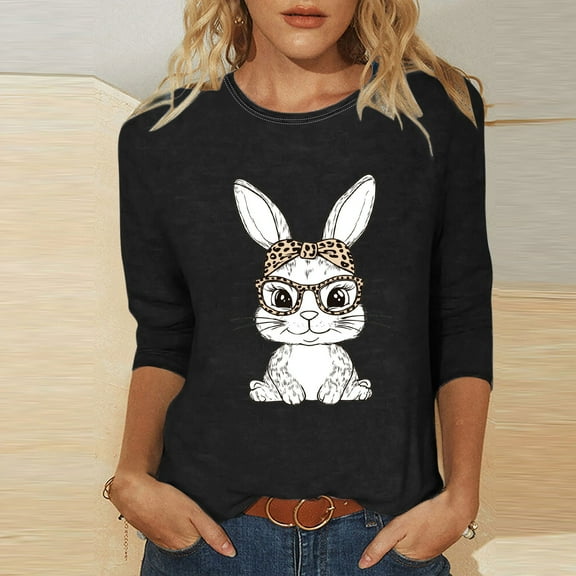 Cavosen Happy Easter Summer Tops for Women 3/4 Sleeves Cute Bunny Print Pullover Blouse Crewneck Holiday Shirts Vacation Festival T Shirts Casual Dressy Fashion Tees Black L