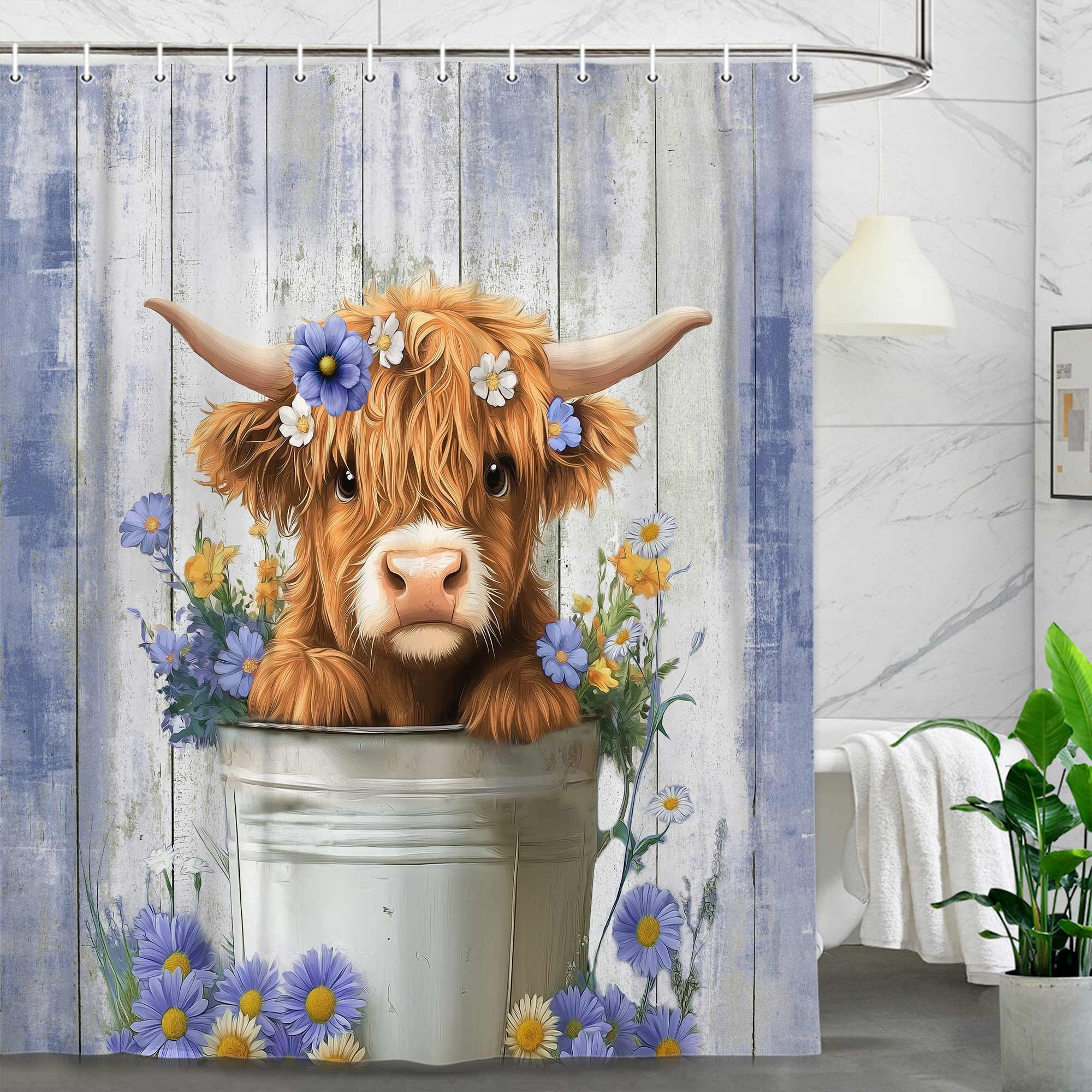 Funny Highland Cow Shower Curtain, Cute Farmhouse Blue and Purple Floral Western Wood Animal Shower Curtain Set, Country Rustic Turquoise Bathroom Accessories Set Decor with Hooks, 60X70in