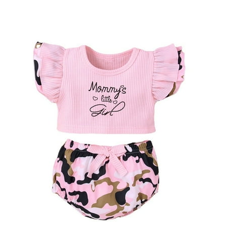 

Infant Baby Girls Clothes Newborn Baby Girls Outfits Ruffle Short Sleeve Tops Camouflage Shorts Headband 3PCS Clothing Set Pink 6-9 Months