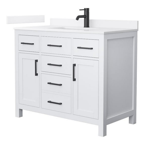 Beckett 42" White Single Vanity & White Quartz Top (1-Hole) & Black Trim