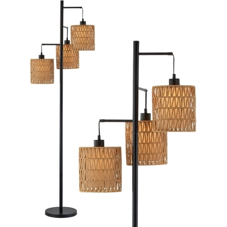 Maxax 65" Boho Rattan Floor Lamp for Living Room, 3 Lights Farmhouse Tree Standing Lamp with Rattan Shades, Multi Head Vintage Tall Floor Lights for Bedroom, Living Room, Office