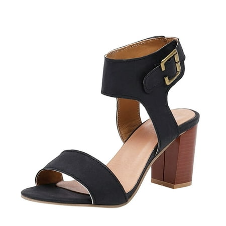 

SEMIMAY Ladies Fashion Solid Color Leather Open Toe Buckle Thick High Heeled Sandals