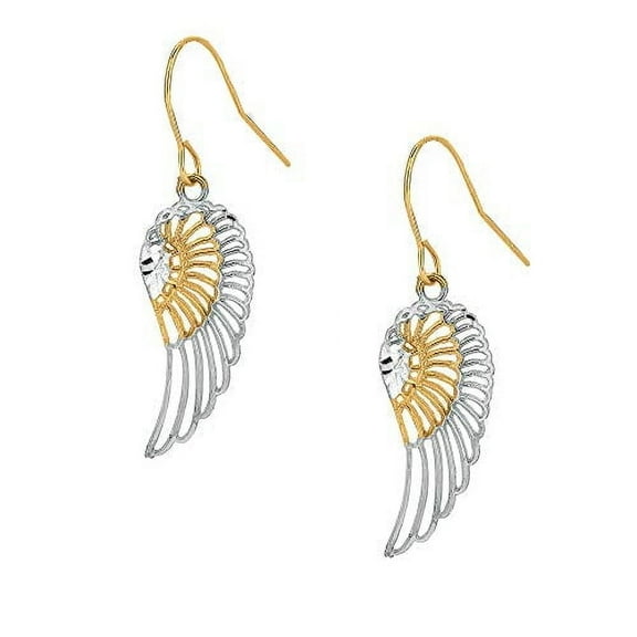 JewelStop 10k Real Yellow & White Gold Angel Wing Dangling Earrings