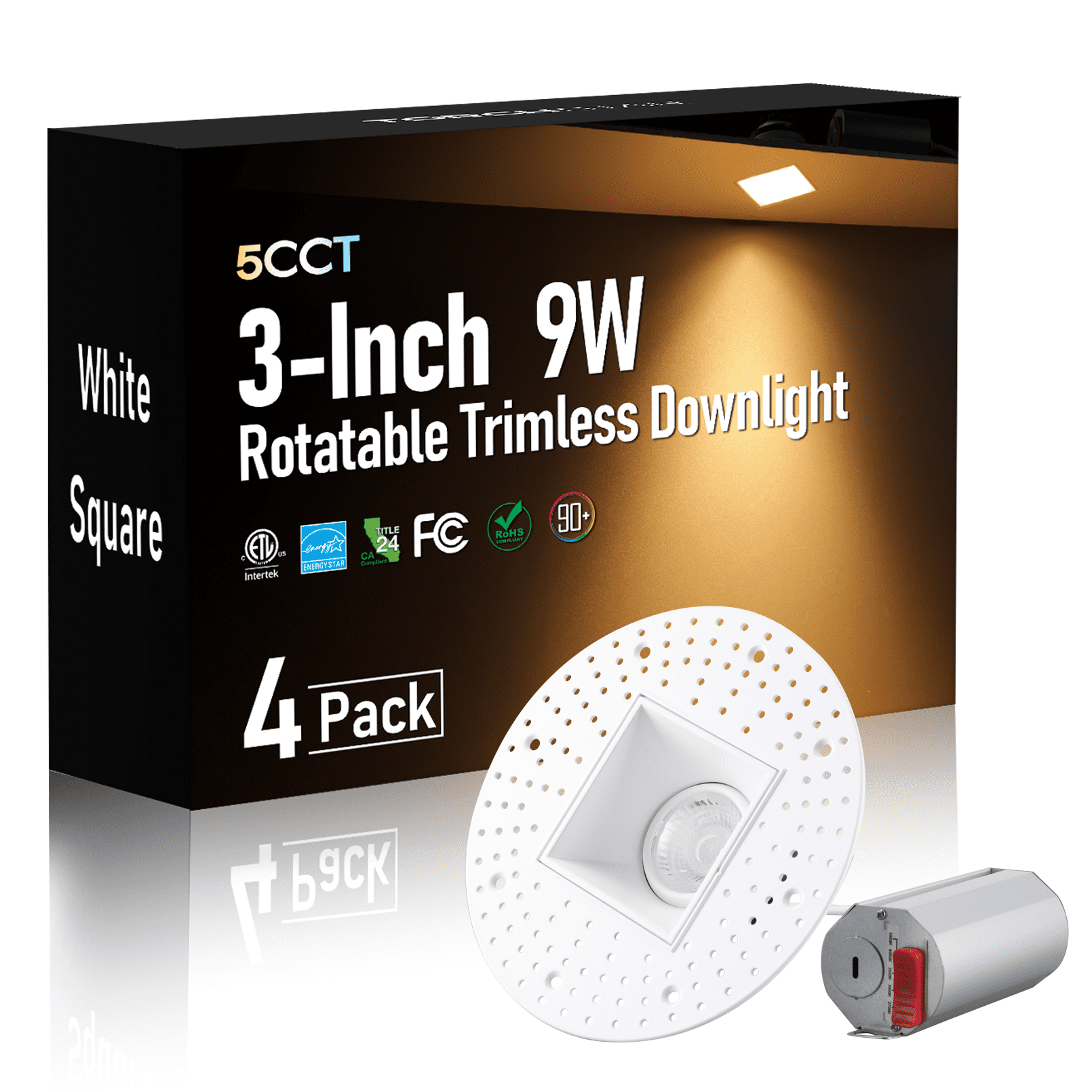 4 Pack 5CCT Square Adjustable Trimless 3-Inch LED Gimbal Recessed Light, 9W 120V Dimmable Ceiling Canless Downlight with J-Box, 2700K/3000K/3500K/4000K/5000K Selectable, White