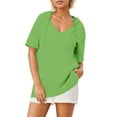 thumbnail image 1 of Sudadera con capucha de manga corta de punto de verano de color liso para mujer: cuello en V, capucha con cordón y tejido ligero para uso informal., 1 of 6