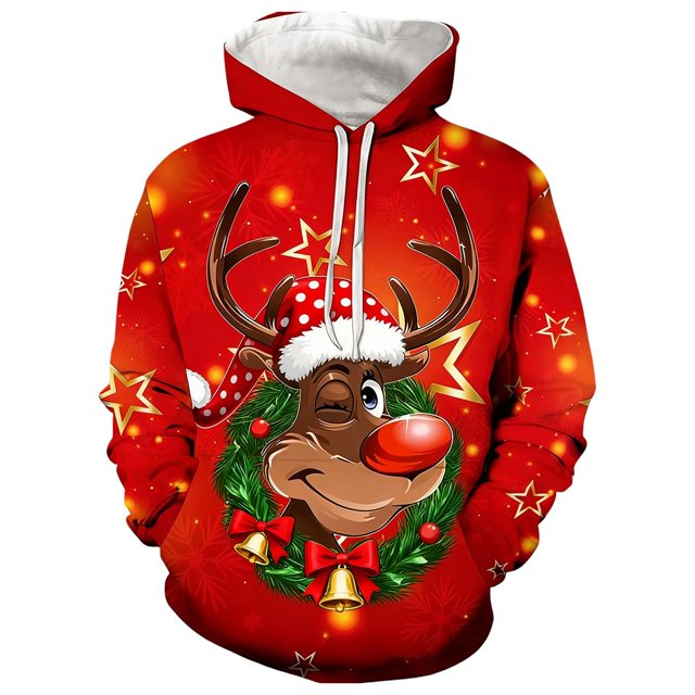 LUOGENLI Chandails à Capuche pour Hommes, Graphique, à Fermeture Éclair, Imprimé de Cerf, Chandail à Capuche pour et Chandail Douillet avec Poche, Chandail à Capuche Décontracté et Chaud, Chandails à Capuche pour Hommes, Chandail à Enfiler, Design Graphique, Rouge, Taille M