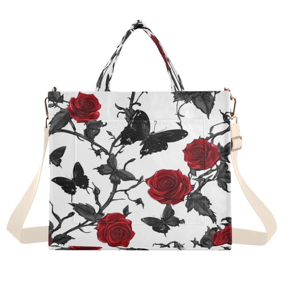 Corduroy Tote Bag for Women Shoulder Handbags Fashion Ladies Purses Satchel Messenger Bags Gothic Red Roses S
