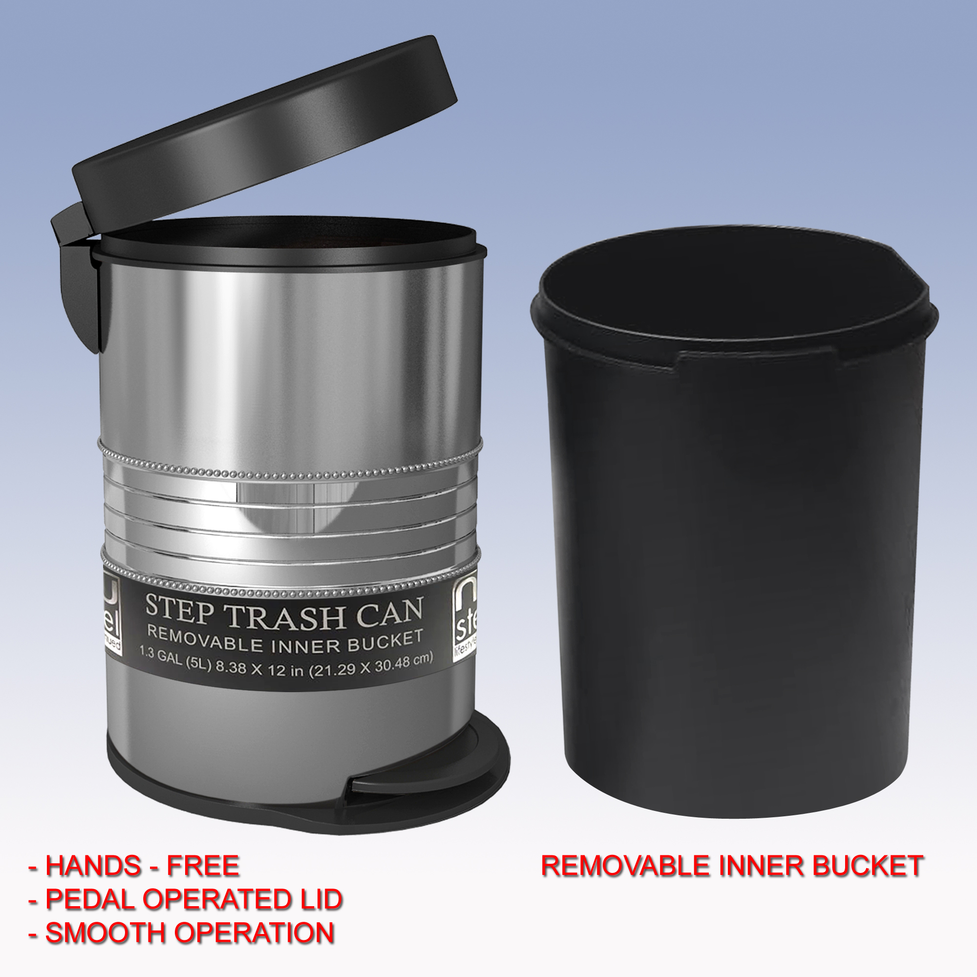 nu steel 5 Liter Round Small Metal Step Trash Can Wastebasket, Garbage Container Bin - for Bathroom, Powder Room, Bedroom, Kitchen, Craft Room, Office - Removable Liner Bucket -Shiny Steel STP-08