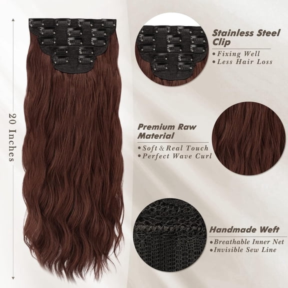 WEIF-Chestnut Clip in Hair Extensions - 20 Inch Soft Wavy Clip in Hair Extensions for Women - 5PCs Thick Soft Synthetic Natural Looking Hairpieces Daily Party Halloween - Copper Chestnut