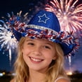 thumbnail image 5 of Independence Day Patriotic Denim Hat, with Red White Blue Ribbons & Five Pointed Star Design, Perfect for 4th of July Outdoor Parties Parades Celebrations Holiday Costume Headwear, Blue, 5 of 6