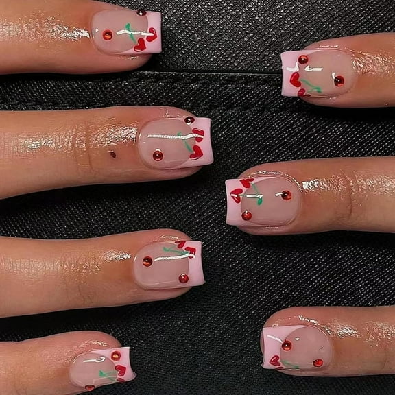 Cute Medium Press on Nails Square French Tip Fake Nails Red Full Cover False Nails with Bow Pearls Designs Glossy Glue on Nails Stick on Nails Handmade Acrylic Nails for Women Girls 24Pcs s4 24 Fl