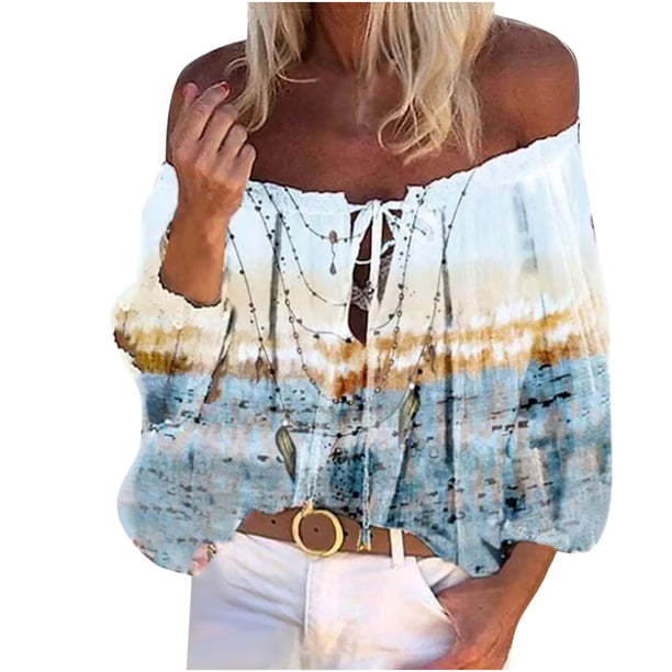 Blusa holgada de manga larga con cuello de una línea y estampado a la moda para mujer Fridja hj2113