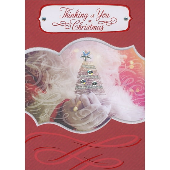 Designer Greetings Die Cut 3D Banner Showing Santa's White Gloved Hands Holding Small Tree, Sequins, Ribbons and Star Hand Decorated Thinking of You Christmas Card