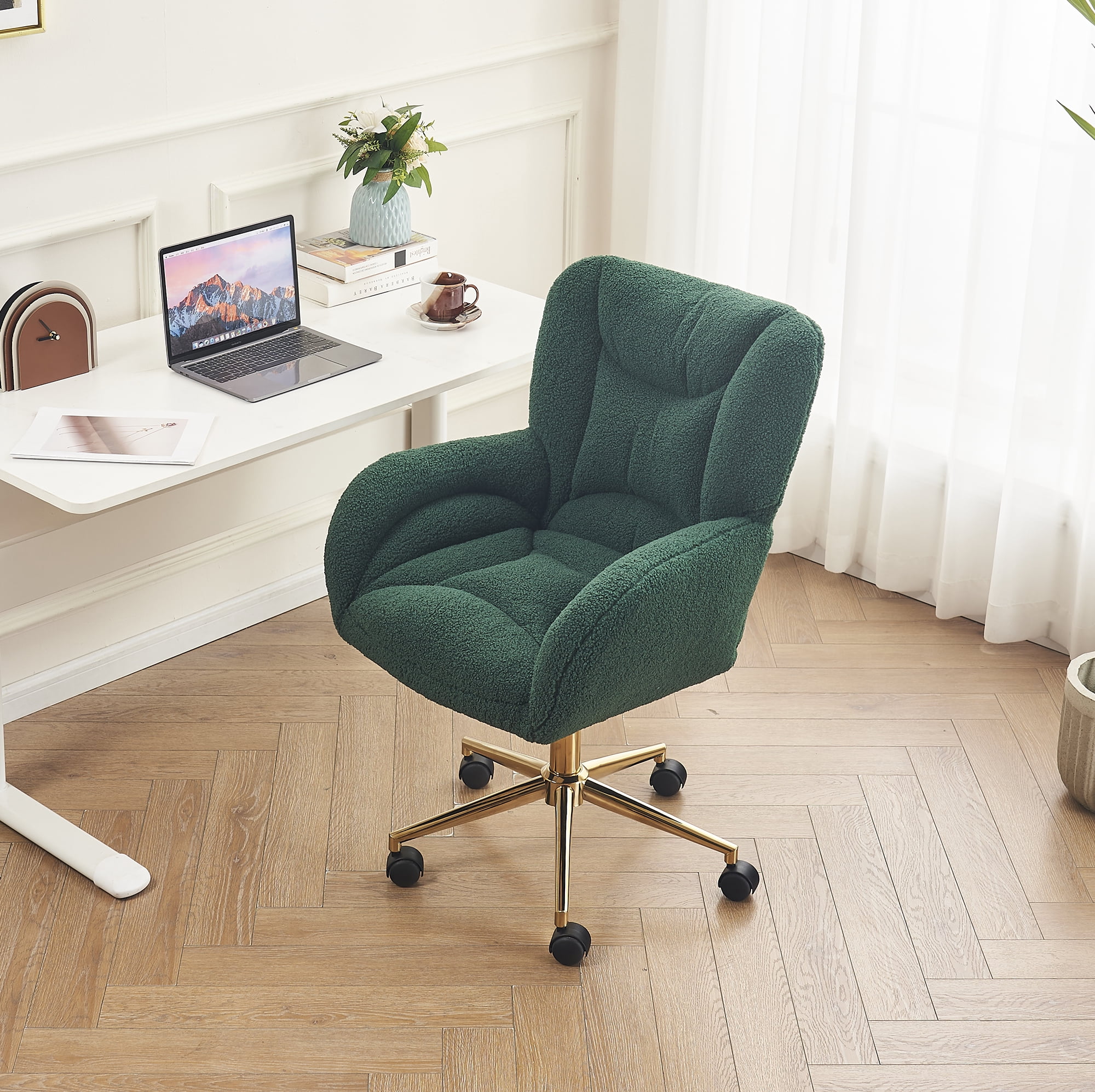 Desk Chair with Wheels and Arms Velvet Comfortable Desk Chair for Home Office Height Adjustable Vanity Chair Modern Task Chair Computer Desk Chair Green