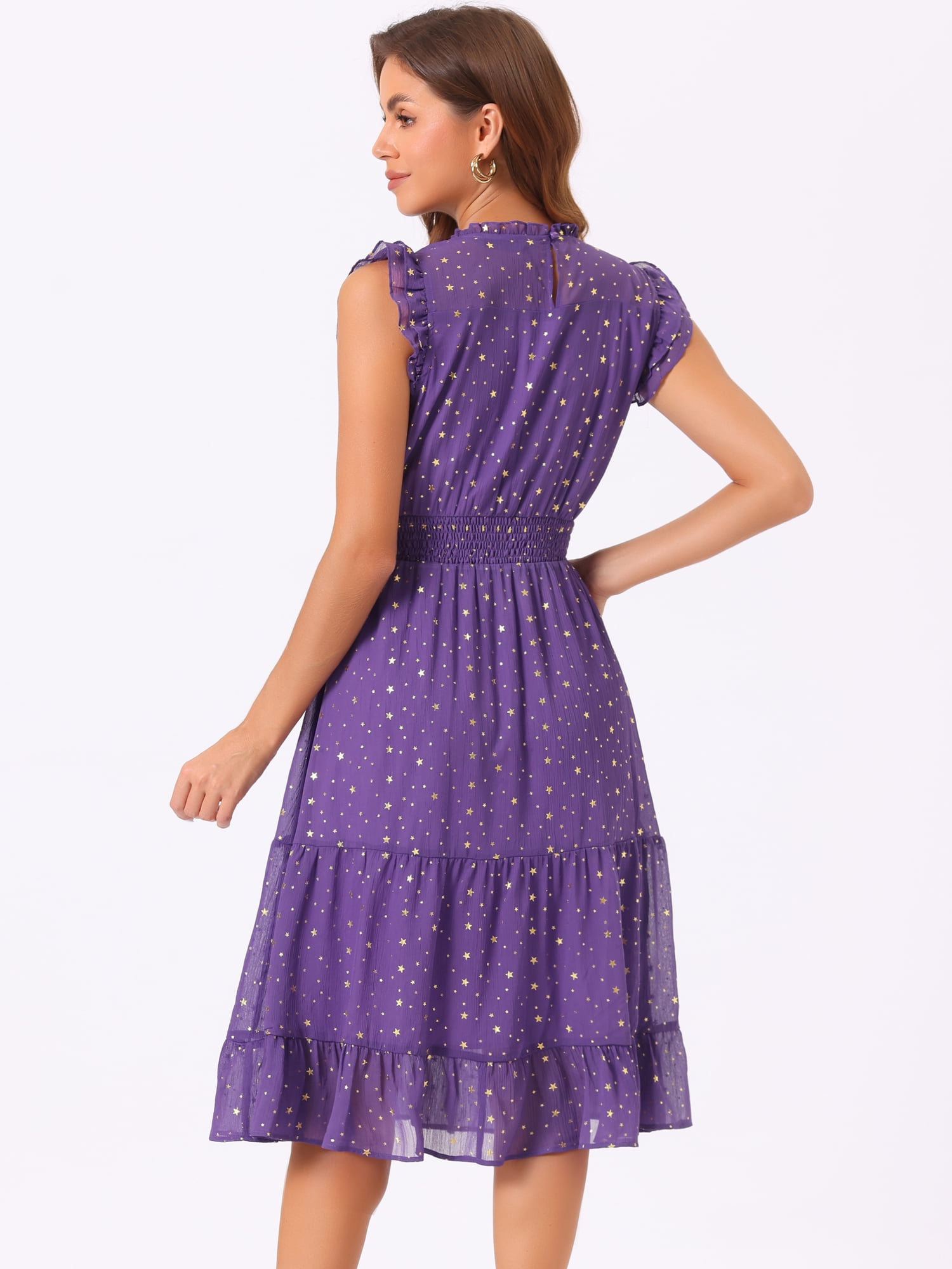 DARING DIVA Smocked Waist Gilding Metallic Stars Chiffon Dress XL Purple