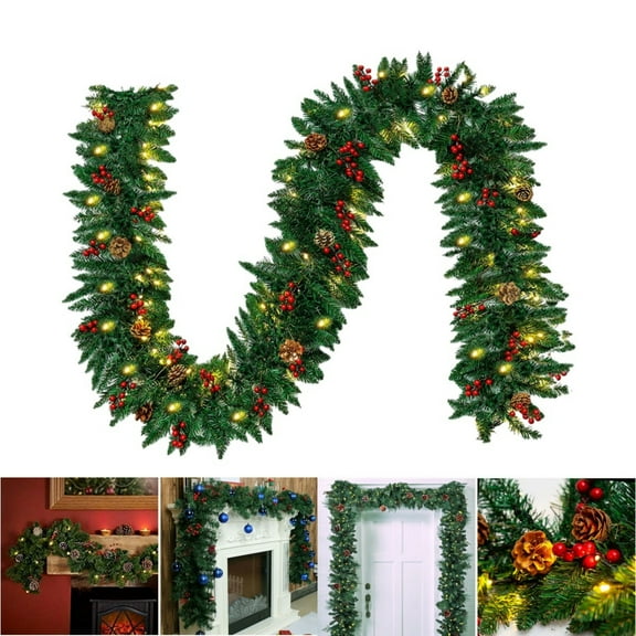 10ft Christmas Garland with Berries & Cones, Built-in Timer and Rich Textures for Festive Decor