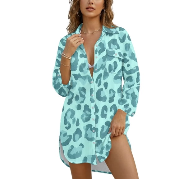 Xoenoiee Mint Green Leopard Print Button Down Beach Coverup for Women, Long Sleeve Swimsuit Coverup Bikini Shirt Bathing Suit Cover Ups for Pool Vacation, Size S