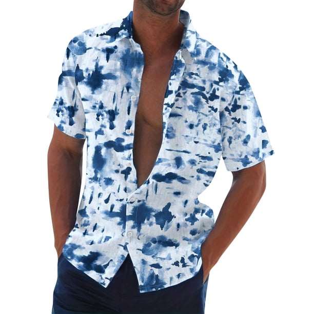 Men's Summer New Loose Print Short Sleeve Shirt Cardigan Beach Shirt XL