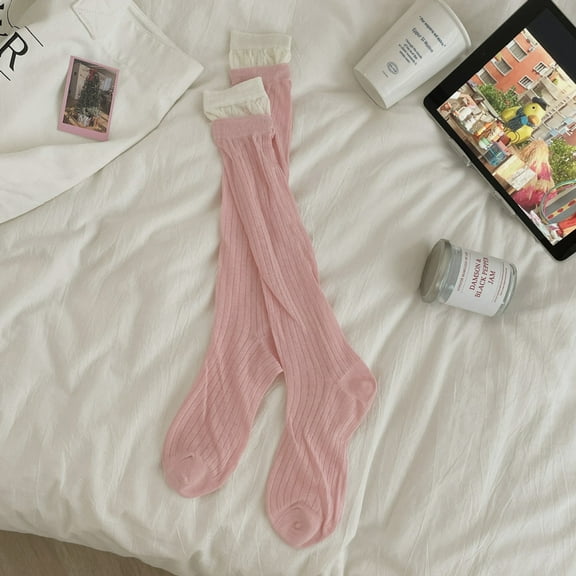 Nvzi -b 3 Pairs Casual Tube Socks Cotton Knee High Socks for Women Solid Knit Knee Long Stocking All Season Gift，Stretch，Soft（Pink）
