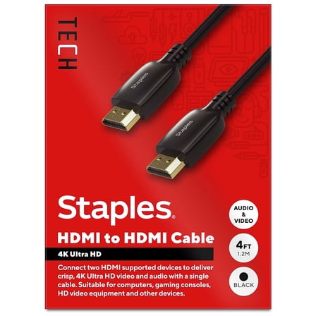 Staples TECH 4 ft. HDMI to HDMI Audio/Video Cable  Male to Male Black (ST62468)