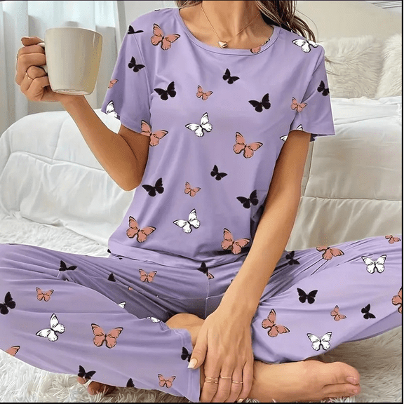 Womens Butterfly Print Pajama Set Short Sleeve Crew Neck Top Long Pants Soft Loungewear Casual Sleepwear Nightwear