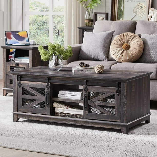 OKD 48" Farmhouse Coffee Table with Storage & Sliding Barn Doors, Dark