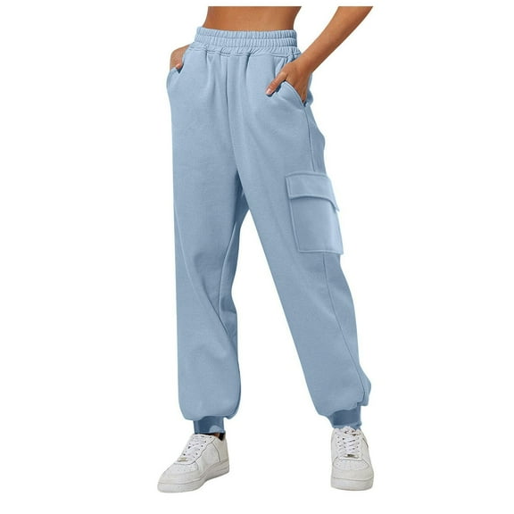 felwors Cargo Joggers for Women - High Waisted Baggy Sweatpants with Pockets Light Blue, XL