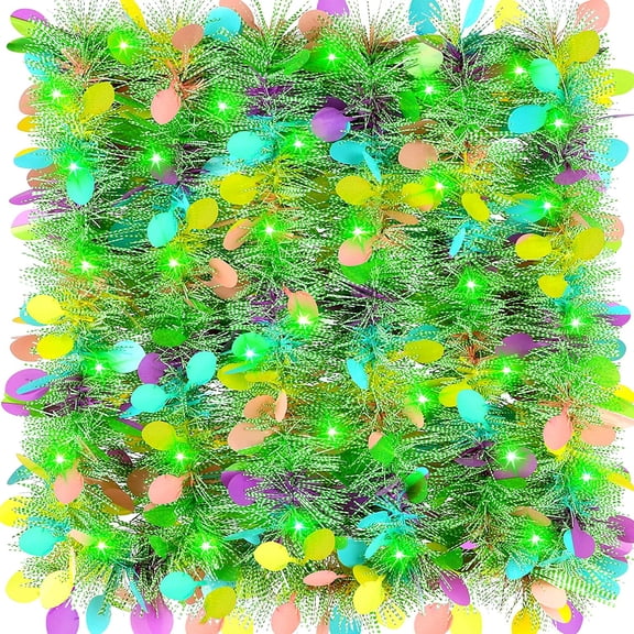 33FT Easter Tinsel Twist Garland with 100 LED String Lights Easter Metallic Fringe Garland Hanging Tinsel Decoration for Indoor Outdoor Decor Easter Party Supplies