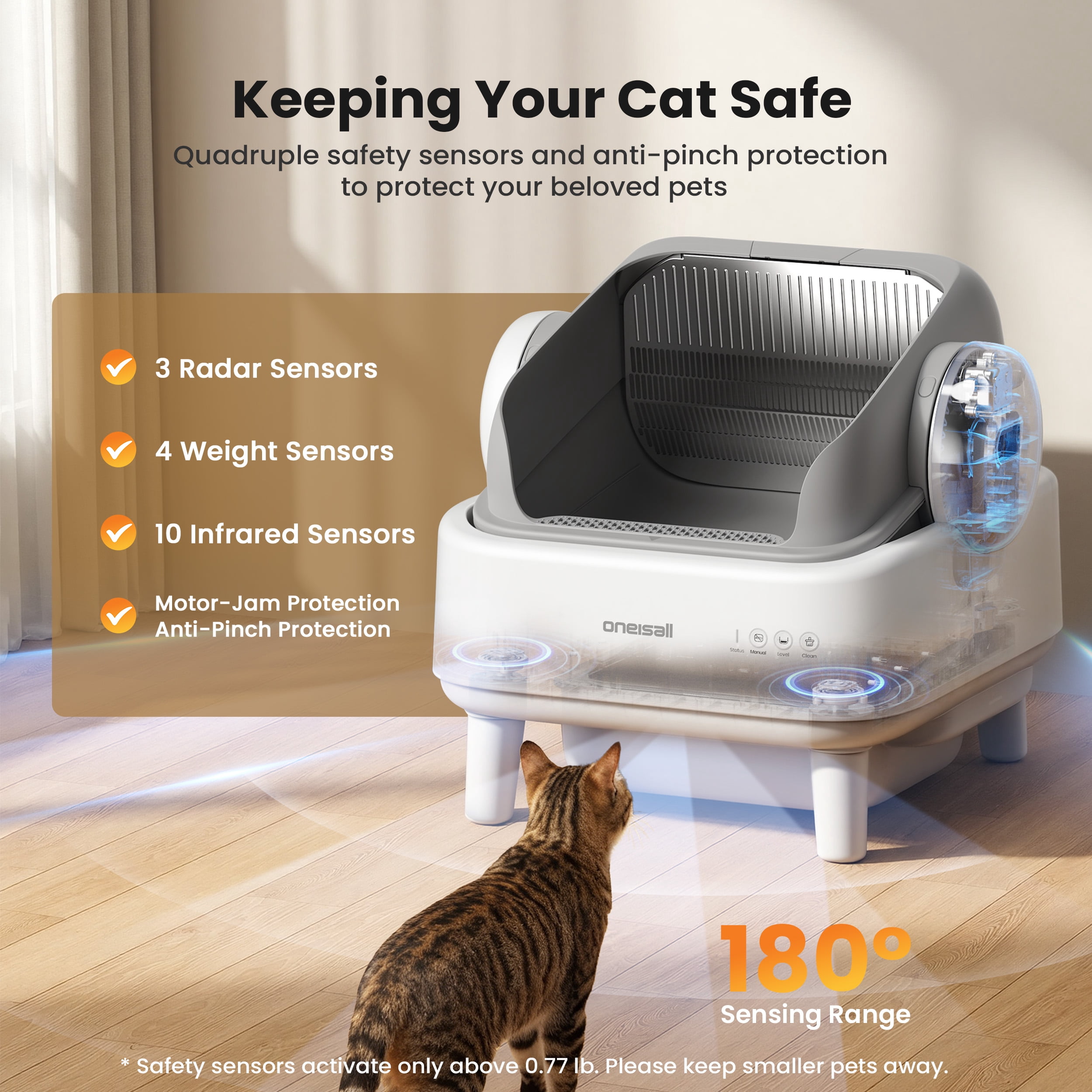 Oneisall AB01 Automatic Cat Litter Box with 17 Safety Sensors, Open Top Self Cleaning Litter Box for Multiple Cats, Automatic Litter Box White