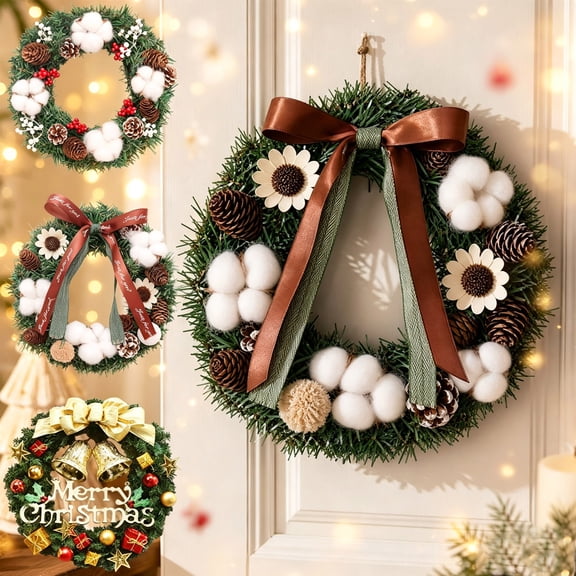 LEFXSMR Christmas Wreaths for Front Door, 12" Christmas Wreath with Bow Cotton Pinecone, Christmas Decorations for Porch Window Mantel Home