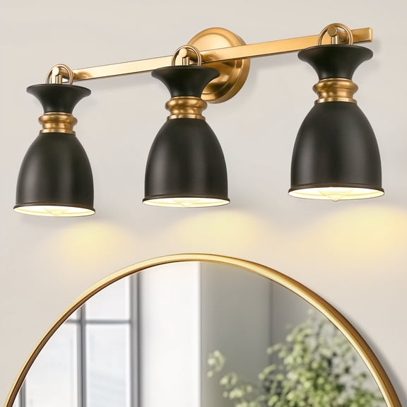 YANSUN 25" 3-Light Bell Shade Vanity Light with Metal Ring, Gold & Black, E26 Base for Bathroom Mirror, Makeup Vanity (Bulbs Not Included)
