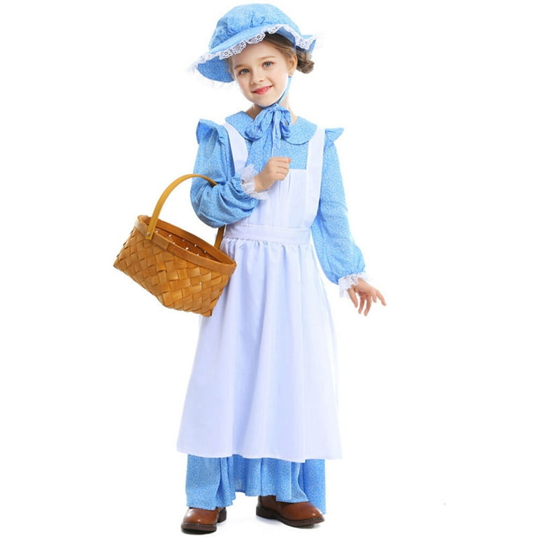 Rongking Pioneer Girl Costume Blue Dress Halloween Colonial Prairie Dress Up