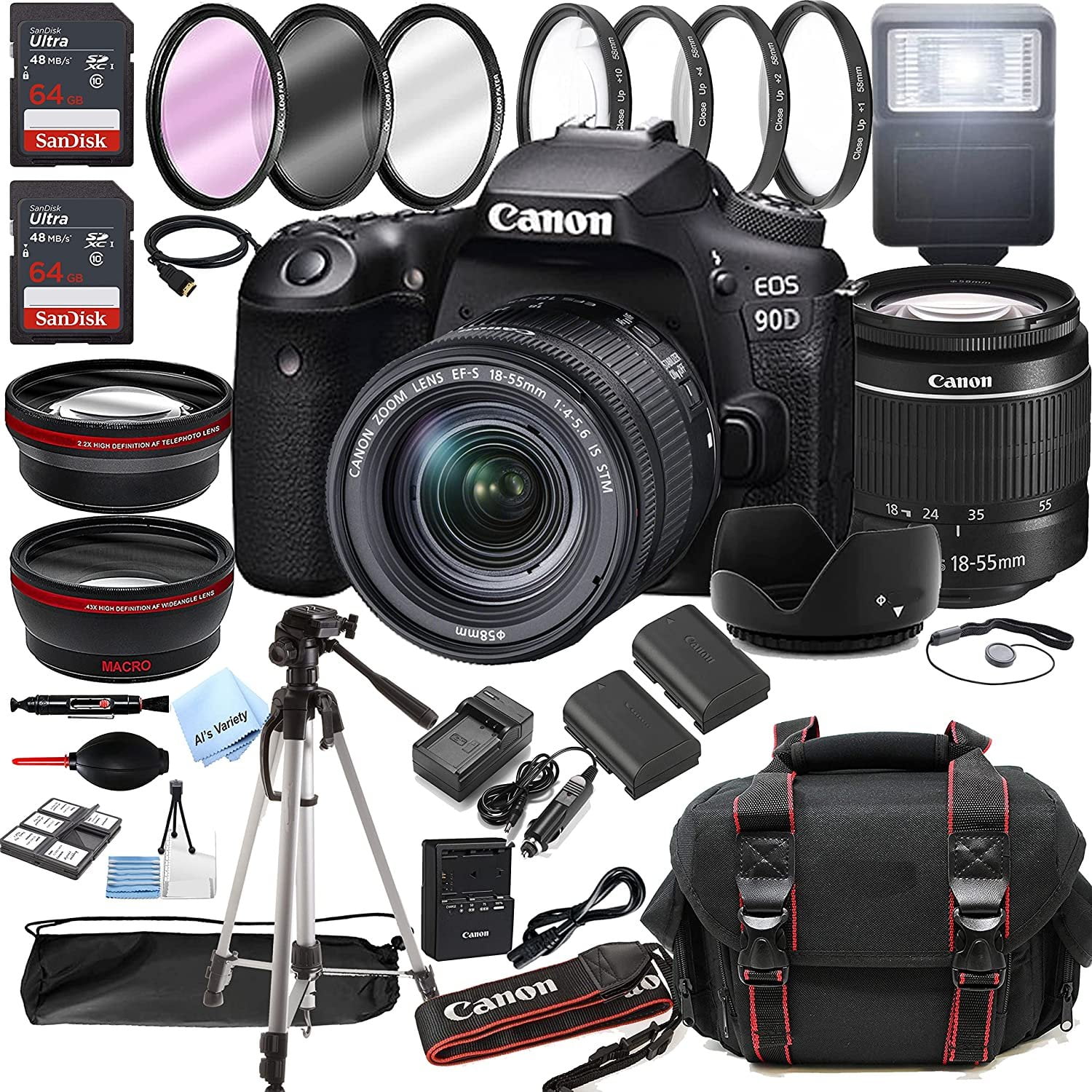 Canon EOS 90D DSLR Camera w/EF-S 18-55mm F/4-5.6 is STM Zoom Lens 128GB  Memory Case Tripod Filters 36pc Bundle