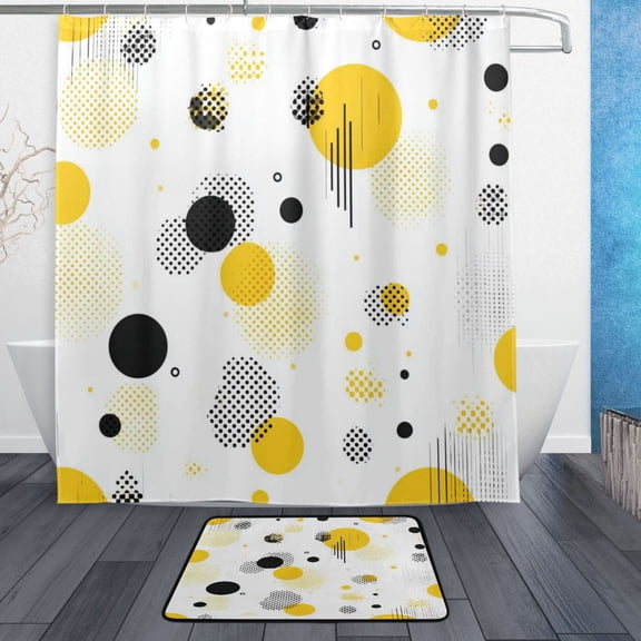 Modern Shower Curtain Set ,Waterproof Bathroom Shower Curtain Decorative Set with 12 pcs Hooks,Dotted Plastic Base Non-slip Durable 66 x 72in Yellow and Black Dots