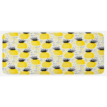Exotic Kitchen Mat, Pineapples Tropic Accents Coastal Theme Beach Island Fruit Kitchen Graphic, Plush Decorative Kitchen Mat with Non Slip Backing, 47" X 19", Yellow Grey Black, by Ambesonne