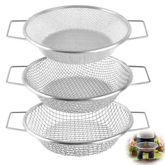 cyrico Soil Sifter for Gardening, 3Pcs Heavy Duty Rock Sifter Garden Sieve with Handles for 5 Gallon Bucket, 1/4, 1/8, 3/8 Inch Mesh Sifting Screen Pan Tray for Dirt, Gravel, Compost, Sand, Sawdust