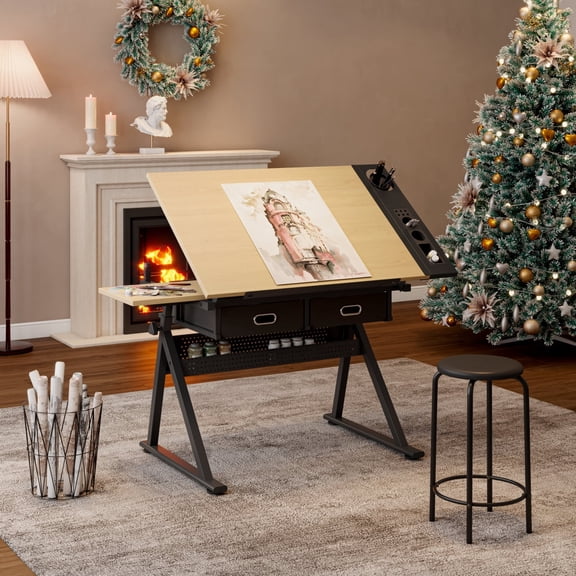 NOBRAND Height Adjustable and Tilting Tabletop Drafting Table with 2 Storage Drawers and Stool, Brown