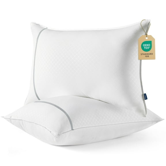 Queen Bed Pillows 2 Pack, Premium Hotel Style Pillows for Back Side Stomach Sleepers, Decorative Diamond Pattern Cover, Hypoallergenic Fluffy Fiber Fill, White
