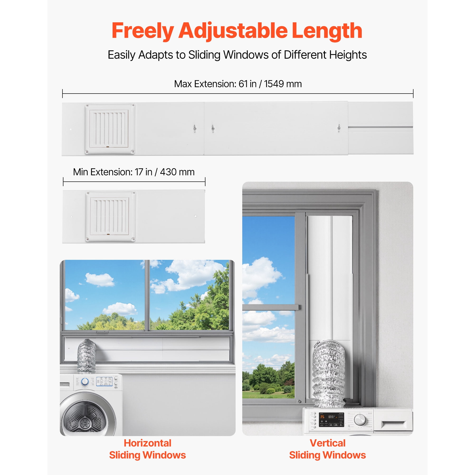 KFFKFF Dryer Vent Window Kit, Compatible with 4-Inch Exhaust Hoses, Adjustable Length for Sliding Windows of Various Heights, Durable PVC and PP Construction