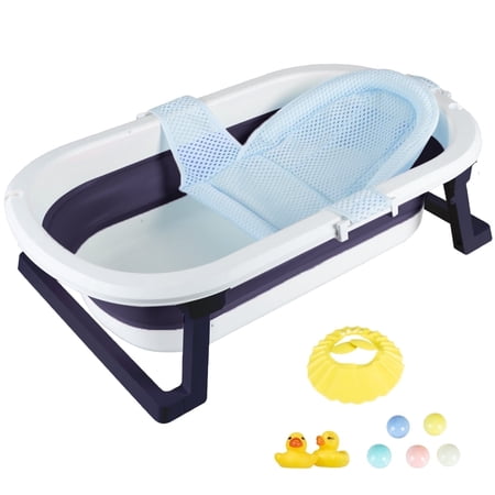 Hurber Folding Baby Bathtub Infant Bath Tub with Anti Slip Pad Boys Blue w/Net Pad