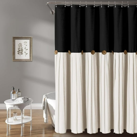 Psoiuetr Linen Button Farmhouse Beige Shower Curtain Linen and Cotton Woven Fabric Country Style (Black & Cream, 72" L x 72" W)