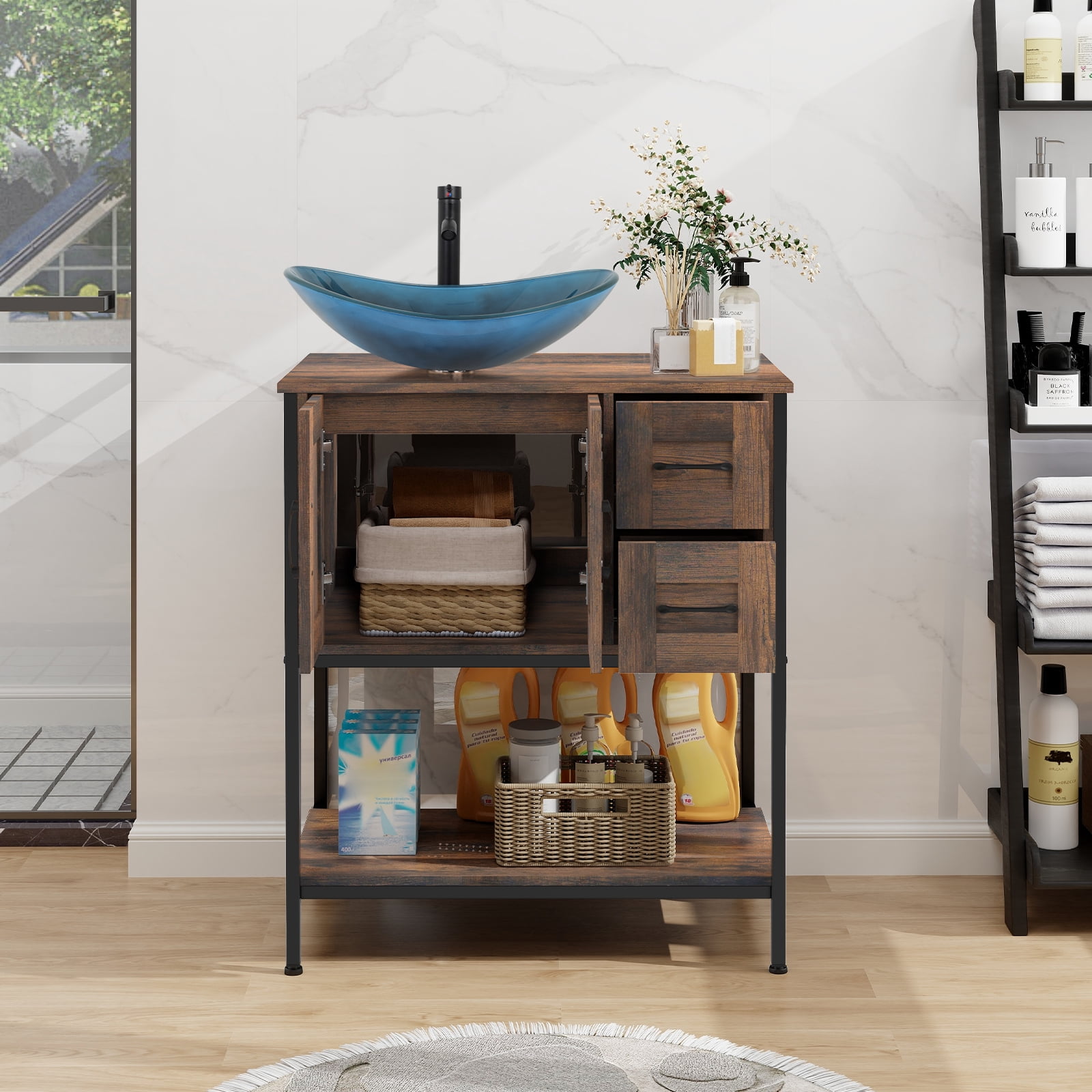 ELECWISH 30" Bathroom Vanity, Farmhouse Bathroom Vanity with Sink Combo Set, Rustic Brown Modern Wood Cabinet with Blue-Black Gradient Boat Sink