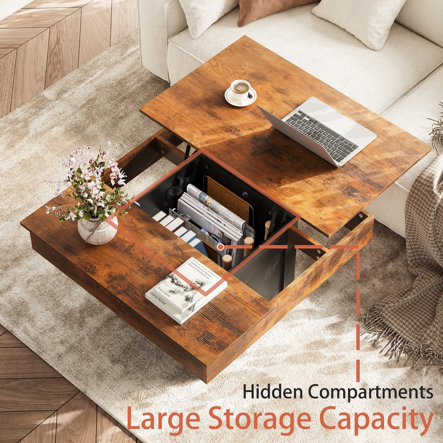 GUNAITO Lift Top Coffee Table with LED Lights, Modern Farmhouse Center Table with Storage, 31.5''Hx31.5''Wx19''D, Brown