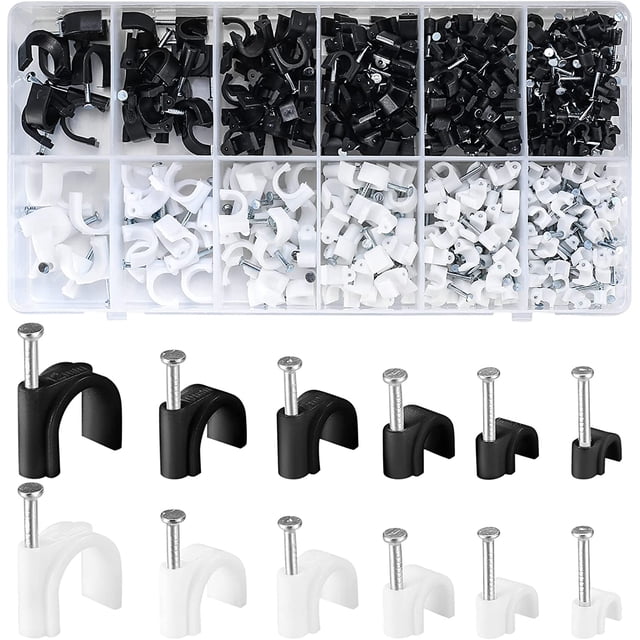 Juego de bridas y clips para clavos, 390 piezas, tamaños variados de 4 a 12 mm, blanco y negro, perfecto para la gestión de cables en las paredes