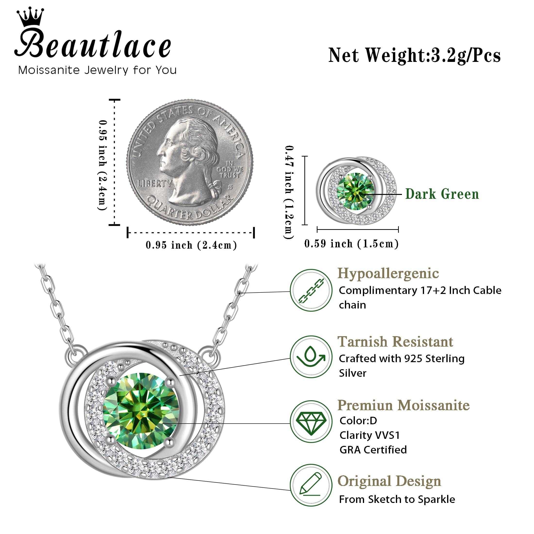 Beautlace 1 Carat Moissanite Necklace D Color VVS1 Round Cut Simulated Diamond Halo Pendant Necklace, 925 Sterling Silver May Birthstone Necklace Birthday Christmas Jewelry Gifts for Women