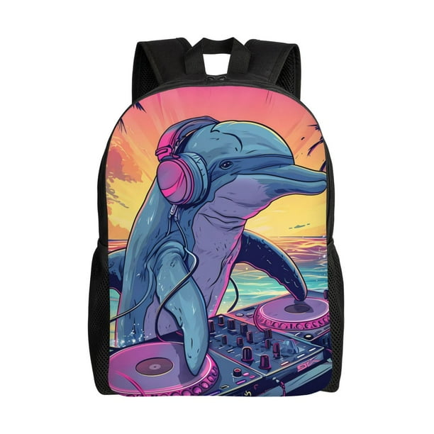 Disketp Hip-Hop DJ Dolphin Mochila Unisex de Apertura Lateral Completa, Mochila para Laptop para Escuela, Trabajo y Viajes