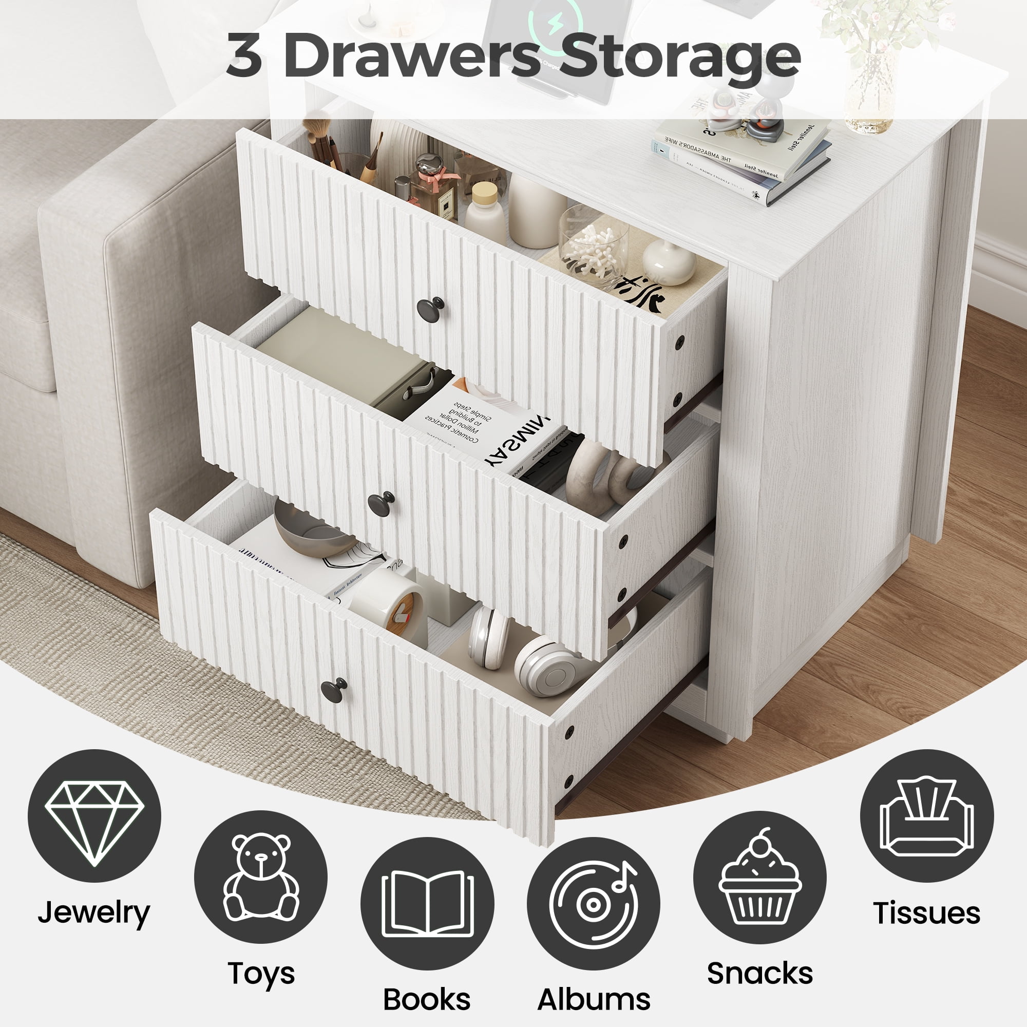 IDEALSOUL Nightstand, 24" Wide End Table with Storage, Fluted Nightstand with USB Charging Station, Large 3 Drawers nightstand for Bedroom Living Room(1pc, White)