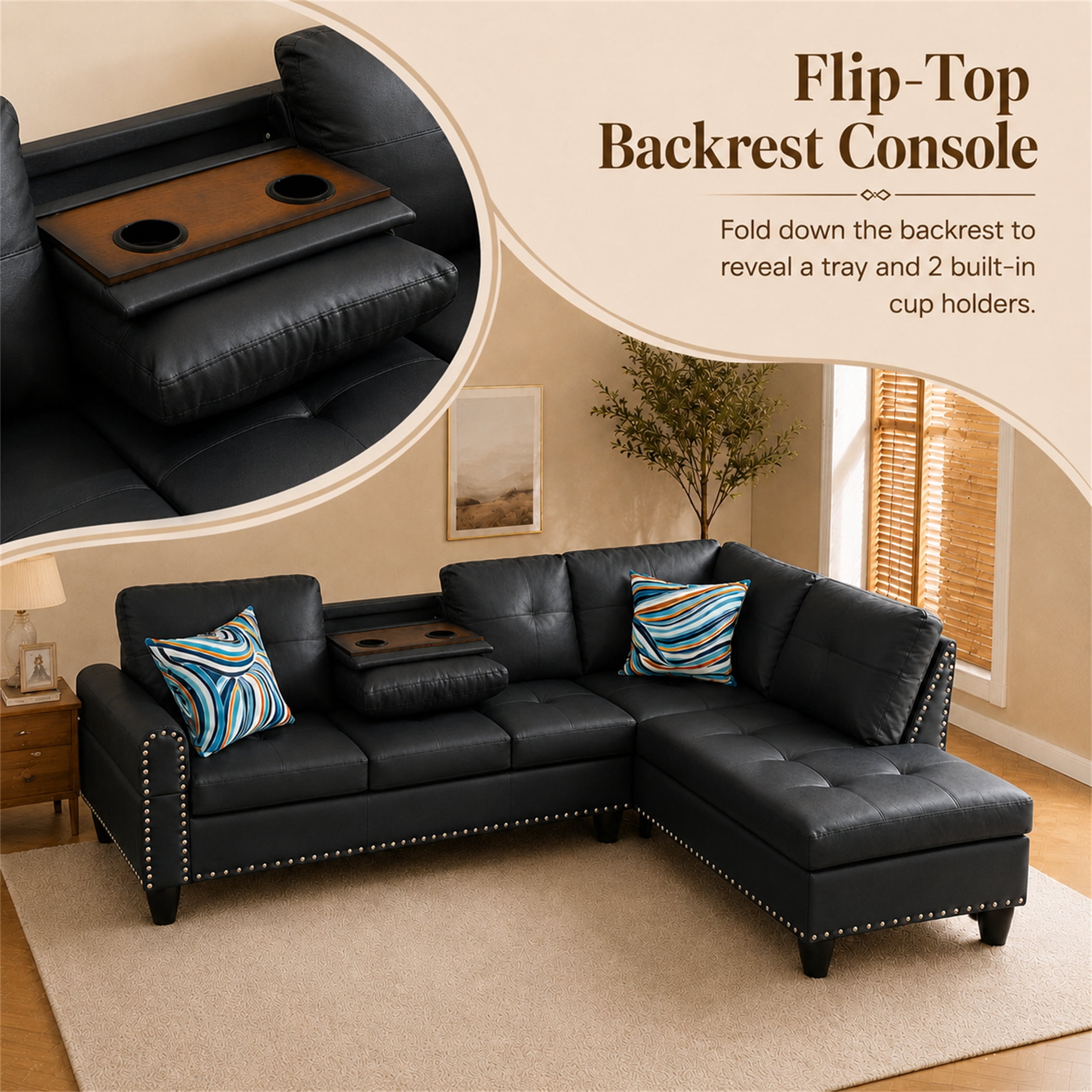 Aukfa 98" L Shaped Sectional Couch with Cup Holder Console, Tufted Back&Nailhead Trim, Oversized Right Chaise Leather Sofa for Living Room, Black